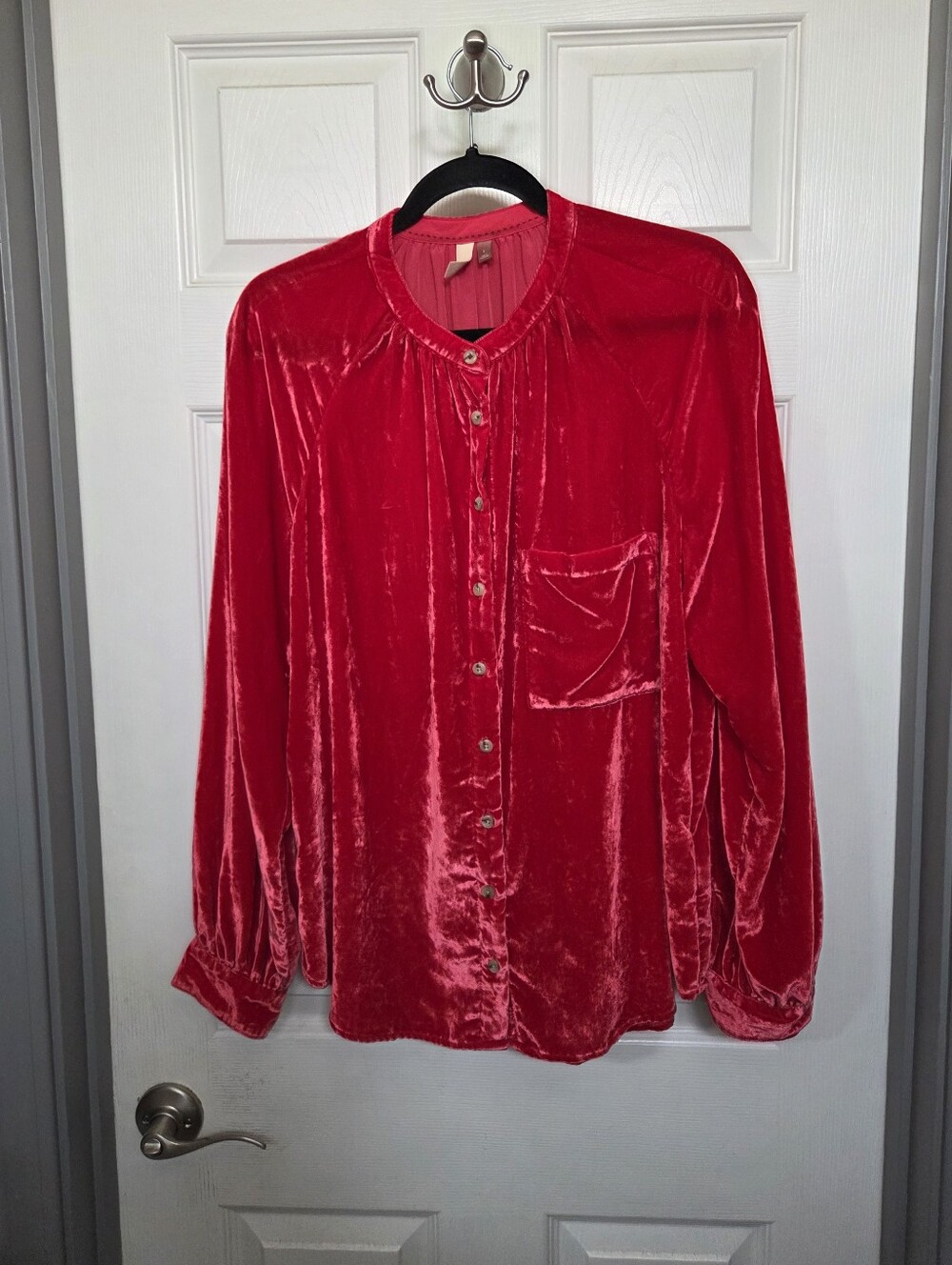 Pilcro Red Velvet Button-Down Shirt Holiday Parth Whimsigoth Going Out Size Lg. - Picture 7 of 15